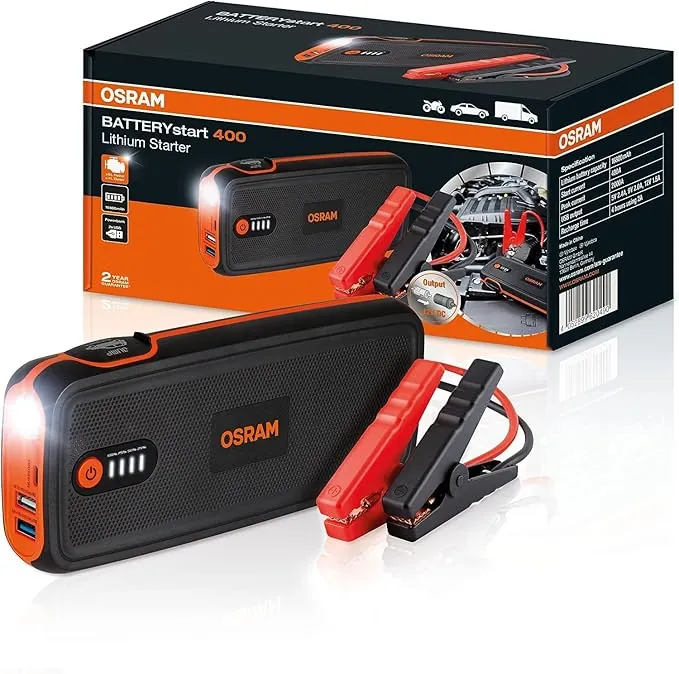 OSRAM BATTERYstart 400, arrancador de Litio de 16.800 mAh para vehículos con un Motor de Gasolina de hasta 8l y un Motor Diesel de 4l