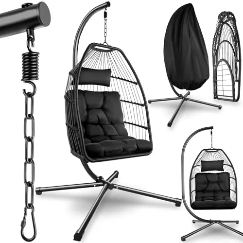 tectake® Columpio Jardín Exterior, Silla Colgante con Cojín Extragrueso, Sillón Balancín con Estructura de Acero y 4 Pies en Base, Hamaca Colgante Interior/Exterior, Plegable, Capacidad 160Kg - Negro