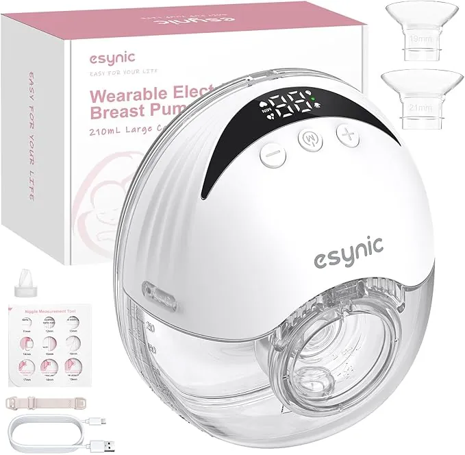 eSynic Sacaleches Eléctrico Manos Libres con 4 Modos y 12 Niveles Extractor de Leche Materna de 210ml Menos Ruido con Bridas de 24/21/19 mm a Prueba de Fugas Extractor de Leche Inalámbrico Sin BPA