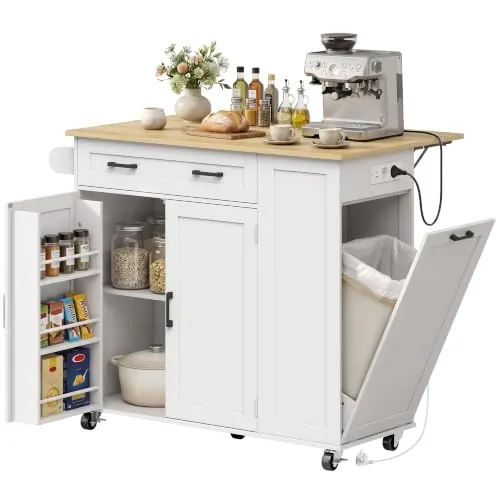 HOMCOM Isla de Cocina con Ruedas Encimera Extensible Estación de Carga | Carrito de Cocina con Compartimento para Cubo, Enchufes, USB, Cajón, Estantes en las Puertas, Toallero, Blanco y Roble