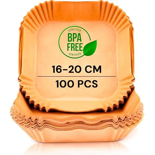 edihome, Papel Freidora Aire, Air Fryer, 100 Unidades, 16-20 cm, BPA Free, Desechable, para Horno, Accesorios para Freidora sin Aceite de 5 a 8 litros (16-20 cm, Cuadrado)