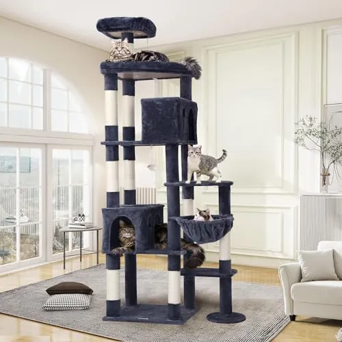 Globlazer Árbol Rascador para Gatos Grandes XXL Alto 213 cm con Nidos, Plataformas Acolchada, Percha Superior, Cesta, Juquetes Gatos, Torre Gato Multinivel para Gato Adultos (F83, Gris Oscuro)