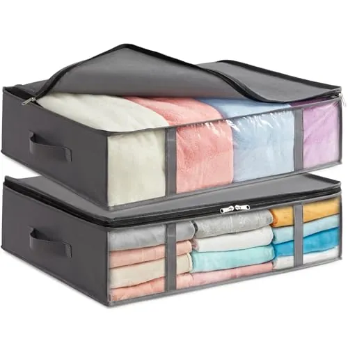 Lifewit Bolsas de Almacenaje para Debajo de la Cama, Cajas para Guardar Ropa con Ventana Transparente Frontal, Organizadore Armario para Toallas, Mantas, Gris, 40 L, 2 Piezas