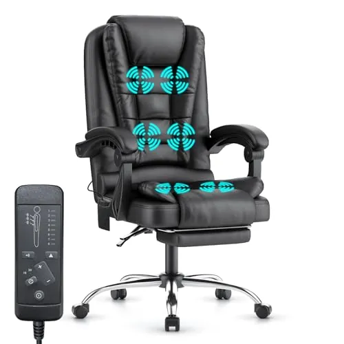 naspaluro Silla de Oficina con Masaje, Silla de Escritorio Ergonómica con Respaldo Alto, Función de Inclinación, Altura Ajustable, Silla de Ordenador de Cuero con Reposapiés para Oficina en Casa Negro