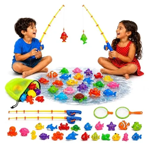 Juego de Pesca Magnético para Niños 3 4 5 Años - Set de Agua Refrescante para Combatir el Calor - Incluye 2 Cañas, Bolsa de Red y Criaturas Marinas - Juguete Educativo para Piscina, Jardín y Bañera