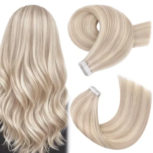 Moresoo Extensiones Adhesivas Pelo Natural Largo 55 cm Extensiones Adhesivas Pelo Humano Doble Capa Rubio Ceniza con Rubio Tape in Extensiones de Cabello Natural 20cs 50g #P18/613