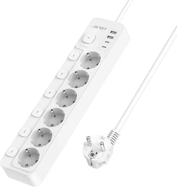 JSVER Regleta con Conmutación Individual, Enchufe Múltiple de 6 Tomas con 2 USB C&2 A, Regleta USB C(3680 W 16 A) para Oficina, Hogar o Viajes, Cable de 2 m