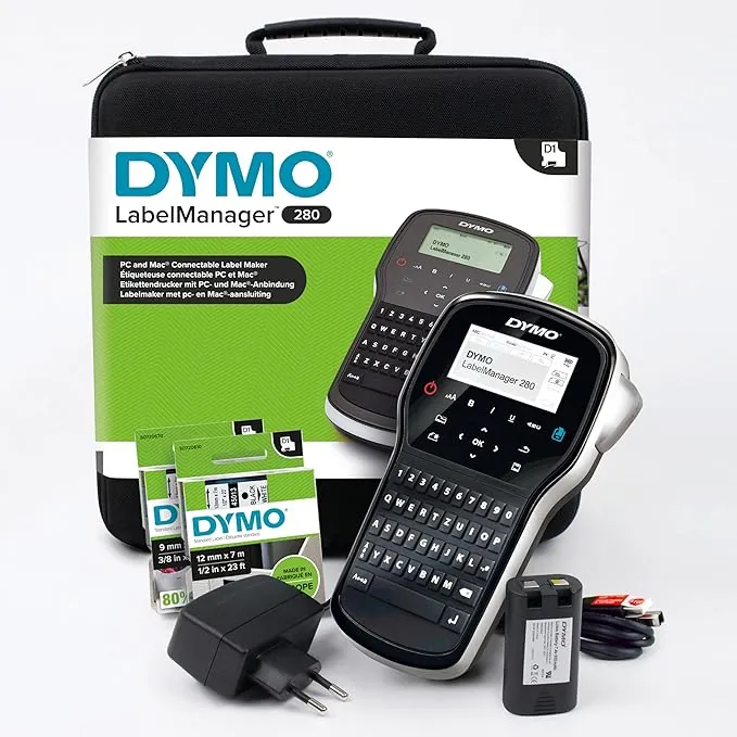 DYMO LabelManager 280 Kit de etiquetadora | Impresora de Etiquetas portátil y Recargable | Teclado QWERTY | con 2 Rollos de Etiquetas D1 y maletín de Transporte