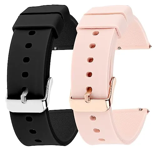 cobee 2 correas de reloj de silicona, de liberación rápida, impermeables, suaves, con hebilla de acero inoxidable negra o plateada (20mm, negro y rosa)