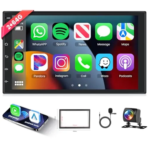 Hodozzy 2GB+64GB Radio de Coche 2 DIN con GPS Android con Wireless Carplay Android Auto, 7 Pulgadas Pantalla Táctil 1080P Estéreo Coche Bluetooth HiFi FM/RDS Radio WiFi Navegación AHD Cámara Marcha