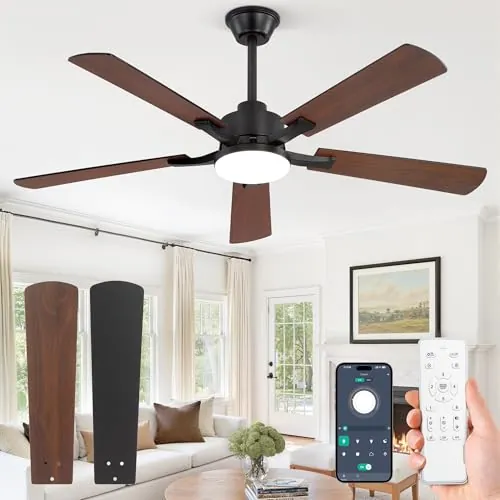 ZMISHIBO Ventilador de Techo con Luz LED 132 cm, Motor DC Silencioso, 6 Velocidades, Control por APP y Mando, Aspas Reversibles Madera Negra/Nogal, Regulable 10–100%, Memoria, Dormitorio Salón