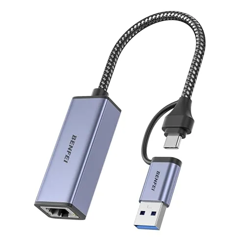 BENFEI Adaptador USB 3.0 a Ethernet RJ45 10/100/1000 Gigabit Ethernet LAN Compatible con MacBook, Surface Pro, PC portátil con Windows7/8/10, XP, Vista, Mac[Caja de Aluminio y Cable de Nailon]