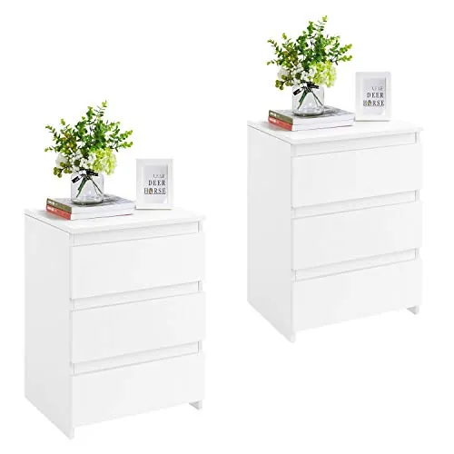 Yaheetech 2pcs Mesitas de Noche con 3 Cajones 45x35x60,5cm | Mesillas de Noche Moderno para Dormitorio Mesa Auxiliares de Madera para Sala de Estar Blanca