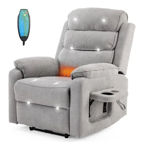 LEADZM - Sillón eléctrico con función de masaje, con cargador inalámbrico, equipado con 1 puerto USB, 1 puerto de carga tipo C y 1 portavasos, mando a distancia incluido (gris claro)