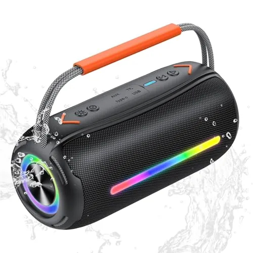 aowoka Altavoz Bluetooth Portátil 40W con Asa, Altavoz Potente con Subwoofer Doble, Bluetooth Speaker Impermeable IPX7, con Luz RGB, TWS/AUX/TF - Ideal para Fiestas, Viajes y Exteriores