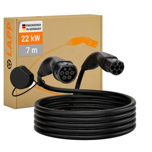 Lapp Mobility Cable Carga Coche Eléctrico Tipo 2, 22kW, 32A, Trifásico | Modo 3 - Cable de Carga Vehículo Eléctrico, Cargador EV, Portátil Cable Recarga Coche Eléctrico - 7m Negro