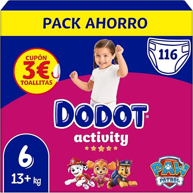 Dodot Pañales Bebé Activity, Talla 6 (13-18 kg), 116 Pañales, Hasta 12h de Protección Antifugas y Ajuste, Pack Mensual