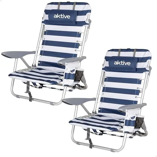 AKTIVE Pack de 2 sillas Plegables multiposición para Playa, jardín, terraza o Camping, Marinera, 4 Posiciones, 50x45x76 cm, Incluye Bolsillo, Topes antivuelco, Soporta 110 kg, Asas Transporte (85471)