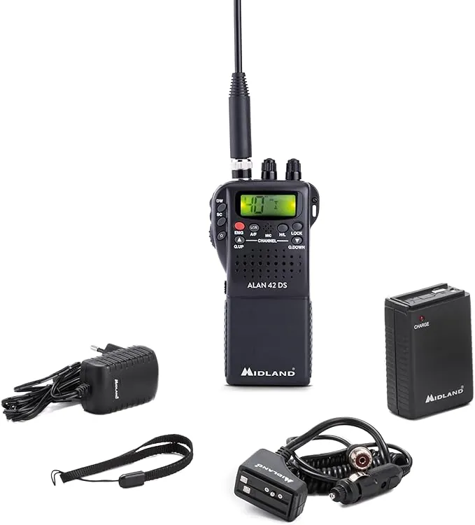 Midland - Emisora CB, Radioaficionado Portátil Sin Licencia Alan 42 DS, Multi Banda para Todos los Países UE, Squelch Digital, Radios Profesionales AM/FM, Conexión 2 Pin, Antena y Otros Accesorios