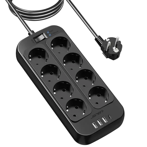 JSVER Regleta de 3 m, enchufe múltiple de 8 enchufes con 4 USB, enchufe múltiple con interruptor, montaje en pared, protección contra sobretensiones para casa, oficina, color negro
