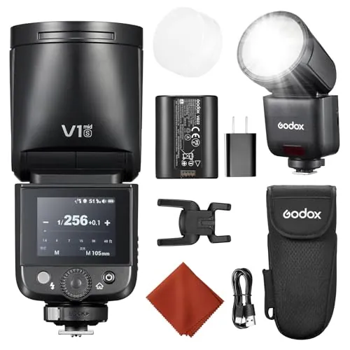 Godox V1 Mid S para Sony V1 Mid-S Flash Cámara 55Ws Speedlite Cabeza Redonda TTL Mini Flash con Difusor Zapata Caliente,2,4G HSS 1/8000s,Pantalla Táctil Color,USB-C,Compatible A7CII A6700 y AK-R1