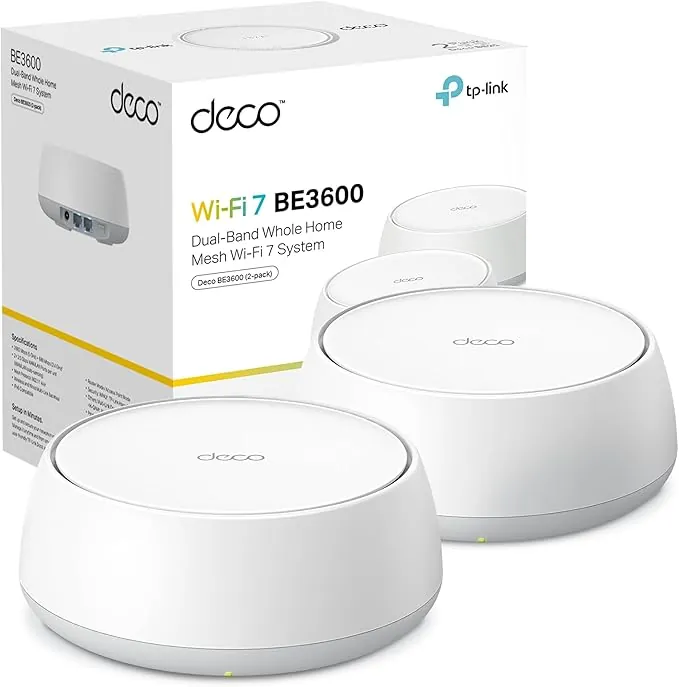 TP-Link Deco BE3600 (2-Pack) – Wi‑Fi 7 Mesh Doble Banda hasta 3,6 GB/s, backhaul Combinado inalámbrico y por Cable, MLO, 2 Puertos Gigabit por Unidad, Seguridad HomeShield