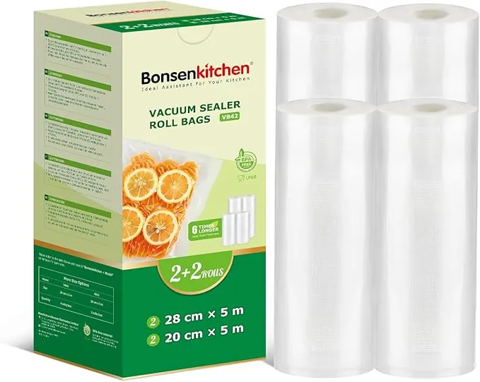 Bonsenkitchen Bolsas Envasar al Vacio Alimentos, 2 Rollos 20 x 500cm+2 Rollos 28 x 500cm, para Conservación de Alimentos al Vacío y Cocción Sous Vide, Sin BPA, VB42