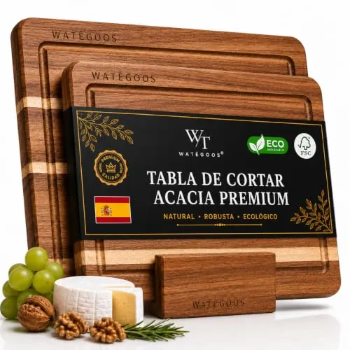 WATEGOOS Pack 2 Tablas de Cortar Cocina de Madera Acacia + Soporte Incluido