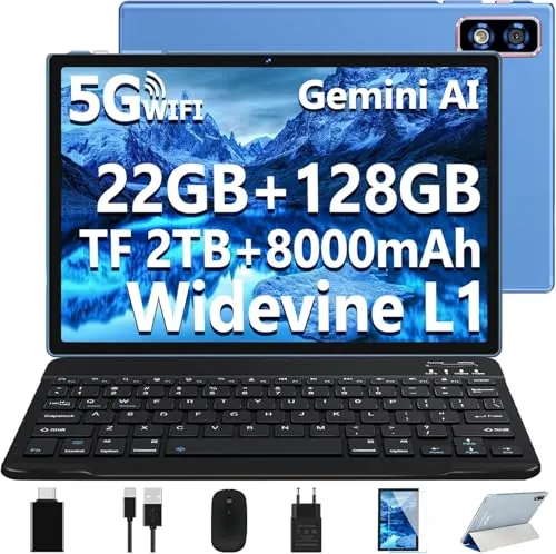 Último Tablet Android Gemini AI, Tablet 10 Pulgadas, 22GB+128GB/TF 1TB, Octa-Core 2.0GHz, 5G WiFi, Bluetooth5.0, 8000mAh Batería, 8MP+5MP, Widevine L1, GPS, Tablet con Funda, Teclado y Ratón - Azul