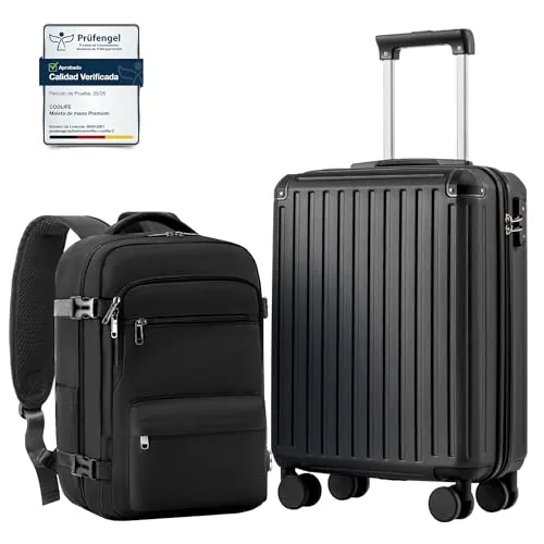 COOLIFE Maleta de Cabina 55 x 40 x 20 cm para avión Ryanair, Equipaje de Mano, Equipaje de Cabina, maletín rígido con Cerradura TSA y 4 Ruedas gemelas (Negro, 55 x 40 x 20 cm - Set de 2 Piezas)