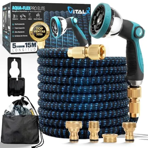 VITALX® Manguera Extensible de Jardín ANTIPINCHAZOS 15 Metros | Pistola de Riego 10 Funciones | 4 Adaptadores de Grifo | Soporte de Pared y Bolsa | Manguera Jardín Flexible Resistente a Fugas