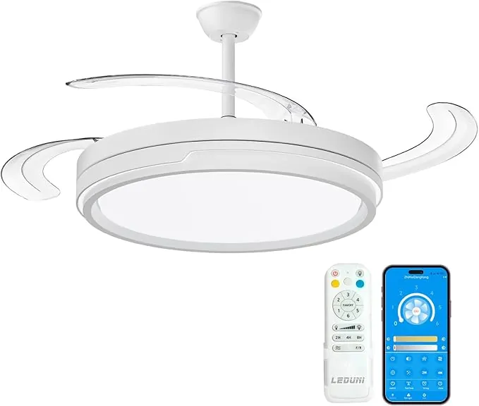 LEDUNI ® Ventilador techo con luz 66W+30W MotorDC Ventilador Invisible Ultra Silencioso con Mando a Distancia+App y Aspas Retráctiles Función verano-invierno (Blanco Nielo)