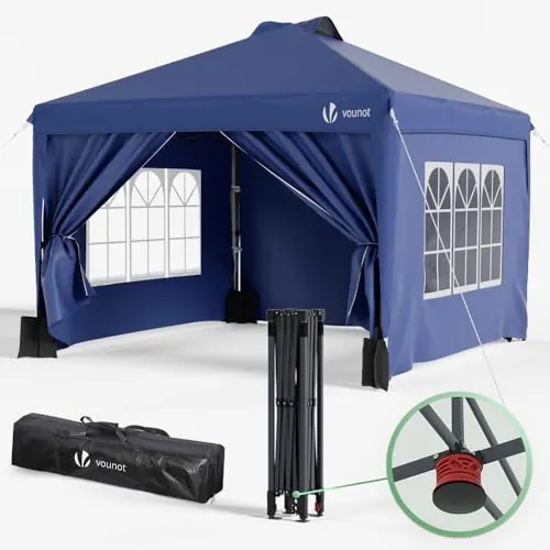 VOUNOT® Carpa Plegable Gazebo 3x3m Botón Central, Cenador Pabellón de Jardín con Paredes Laterales, Sacos Arena y Bolsa de Transporte, Pérgola Tienda Protección UV para Camping Fiestas Exterior, Azul