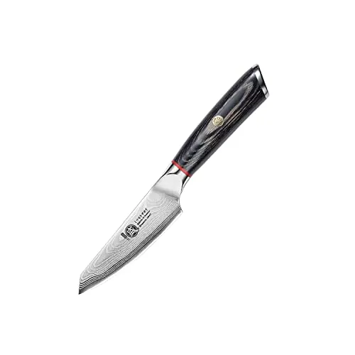 MITSUMOTO SAKARI 10 cm Cuchillo Japonés Pequeños, Cuchillo Aus-10 Full Tang | Cuchillos Cocina Profesional Fruta de Damasco, Cuchillo Mondador Forjado a Mano, Mango de Madera Pakka, Caja de Regalo