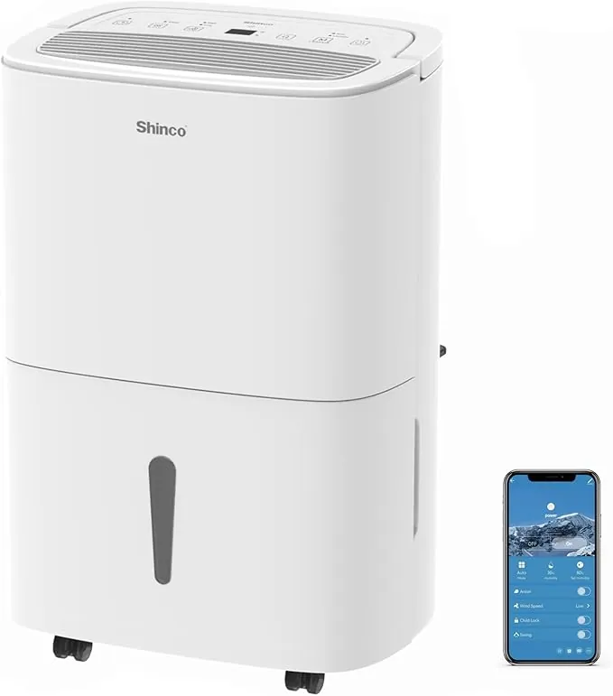 SHINCO WIFI Deshumidificador Portátil 30L/Día, Purificador de Aire, Filtro de Carbón Activado, Temporizador de 24 Horas, Drenaje Continuo, Función de Secado, Blanco