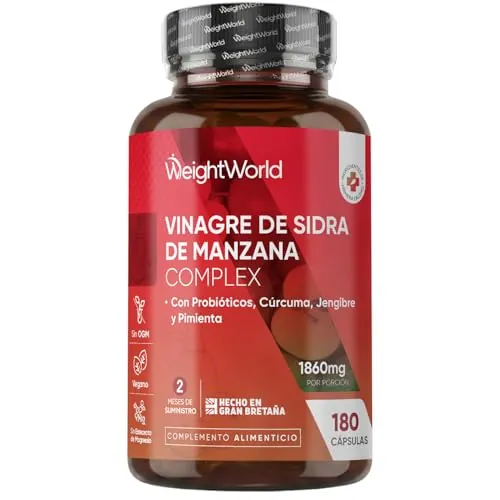 Vinagre de Sidra de Manzana 1860 mg - 180 Cápsulas con Probióticos, Cúrcuma, Jengibre y Pimienta de Cayena - Suplemento para 2 Meses de Suministro - Vegano, Sin OGM y Sin Gluten