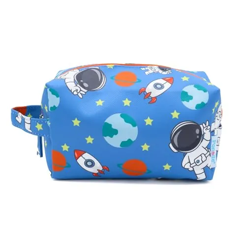 PONETTE - Neceser Infantil en Tejido Azulón con Divertidos Dibujos de Planetas, Cohetes, Estrellas y Astronautas, Niño, Niña, Viaje, Estuche, Bolsa, Piscina, Colegio, Campamento, Marca Española