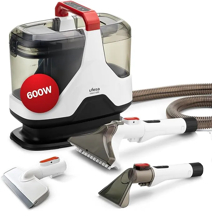 Ufesa Eden 600 Aspiradora de Tapicerías con Agua 600W, Doble Depósito, Succión de Líquidos y Sólidos, Cepillo Multifunción, Accesorio Limpiacristales, Ideal para Alfombras, Sofás, Coche y Cristales
