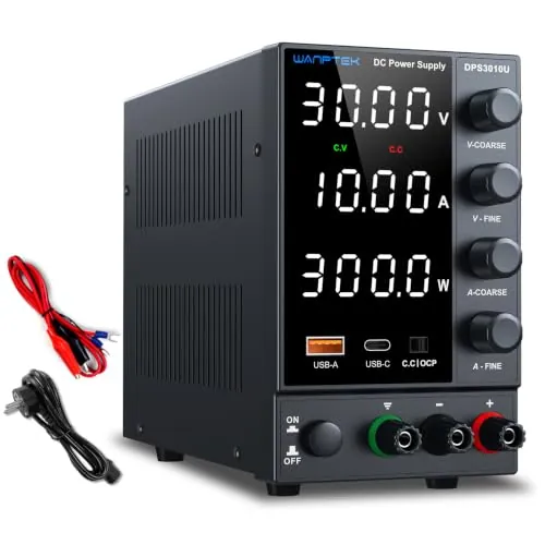 WANPTEK POWER Fuente Alimentacion de Laboratorio Regulable DC 30V 10A, Pantalla LED 4 Digitales, Carga Rápida USB-A/C, Protección OCP, Ajuste Preciso Fino/Grueso para Reparación Electrónica (Negro)