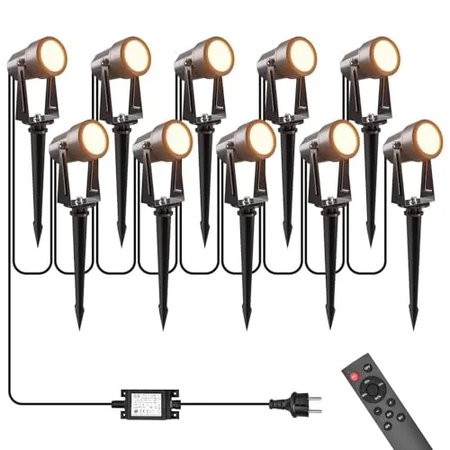 LONIUTO Focos Led Exterior, 115FT/35M 10 * 3W LED Focos de Jardín con Estaca Con función de temporizador y control remoto, Blanco Cálido 3000K IP65, al Aire Libre Iluminación de Caminos para Césped