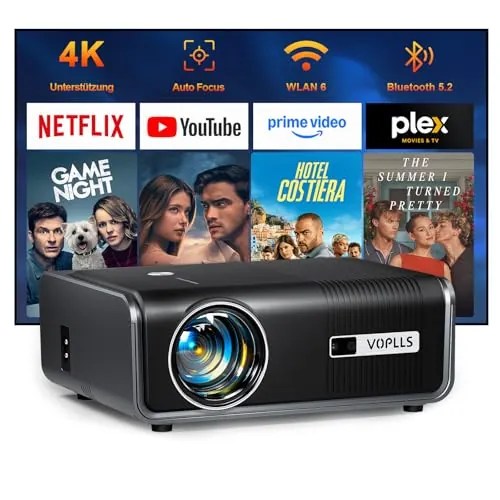 【App Oficial & Auto Focus/Keystone】 30000 Lumen Smart Proyector 4K Soporte WiFi 6 Bluetooth Full HD 1080P, VOPLLS Proyector Portatil con Dolby Audio Projector Cine en Casa para iOS/Android