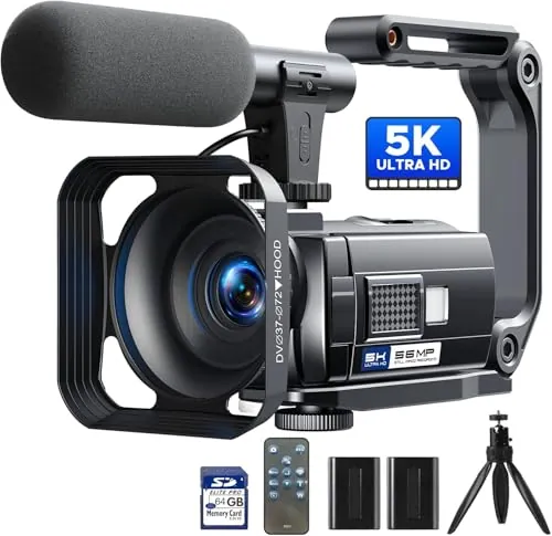 Camcorder 5K 56MP Videocámara Youtube, Kit Completo con Micrófono Trípode Estabilizador, Zoom Digital de 16X, Visión Nocturna WiFi Webcam, Cámara Vlog con 64GB SD Tarjeta, 2 Baterías