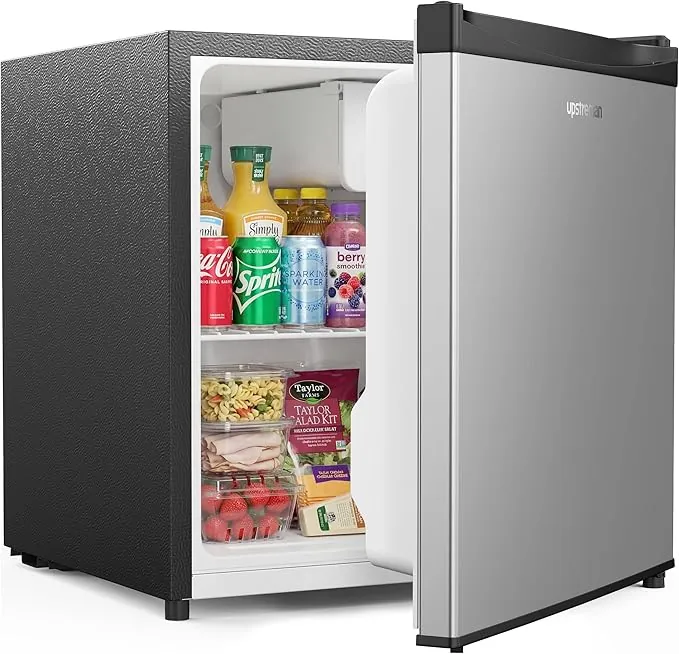 Upstreman Mini Nevera 46L, Mini Frigorífico, Eficiencia, Silencioso Nevera Pequeña, 5 Niveles de Temperatura Ajustable, Compacto para Oficina, Dormitorio o Cocina, Mini Bar Acero inoxidable FR17