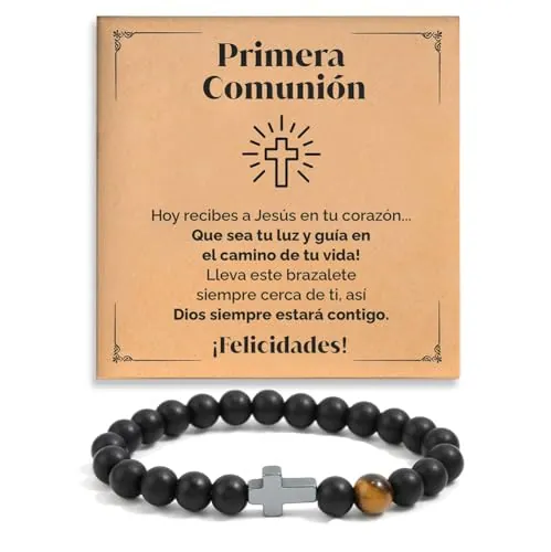 SOFIA FERRER Regalo de Comunión Niños, Pulsera Cruz Comunion Niño, Regalos Para un Niño de Comunion, Pulsera Ajustable de Piedras Naturales con Dedicatoria, Primera Comunión Niña (PRIMERA)