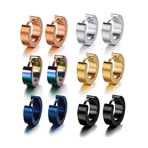 Juego de 6 pares de pendientes de aro de acero inoxidable 316L para hombres y mujeres（-）