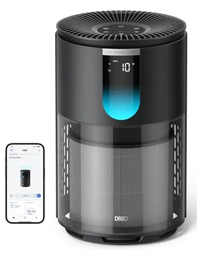 DREO Purificador de aire inteligente 539AS para mascotas y alérgicos | Filtro HEPA 3 en 1, filtra el 99,97% de partículas, sensor PM2,5, pantalla AQI, app y Alexa, contra pelo, olores y polen