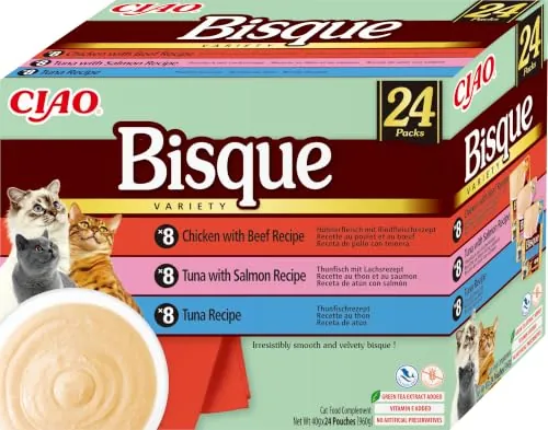 INABA Ciao Bisque, Multipack Pollo, Atún, Ternera y Salmón, 960g (24 x 40g)