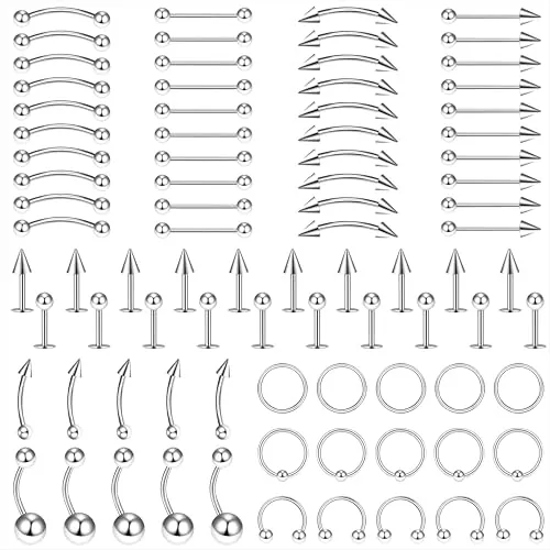 Qzakce Piercings de Banana de Acero Cuerpo Piercing Kit Anillo de Nariz Lengua Labio Tragus Oreja Ceja Pezón Cartílago para Mujer Hombre 85 Piezas
