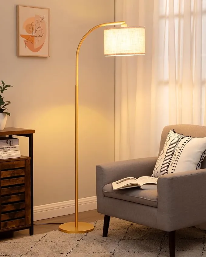 EDISHINE Lámpara de Pie Minimalista con Pantalla de Lino Beige, Casquillo E27, con Bombilla LED, 161cm Lámpara de Arco con Pantalla Ajustable para Dormitorio, Salón, Oficina, Dorado