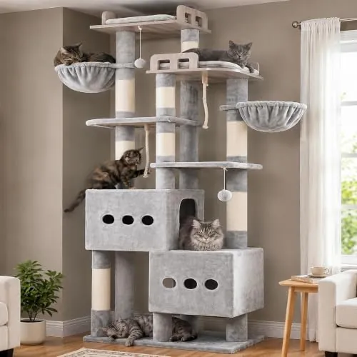 Gitelsnour Rascador para Gatos de 190 cm, Árbol Estable para Gatos Adultos y Gatos Grandes, 2 Cuevas, 4 Amplias Plataformas, 2 Cestas, Base Ancha, Postes de Sisal y Juguetes, Gris Claro GCT039W